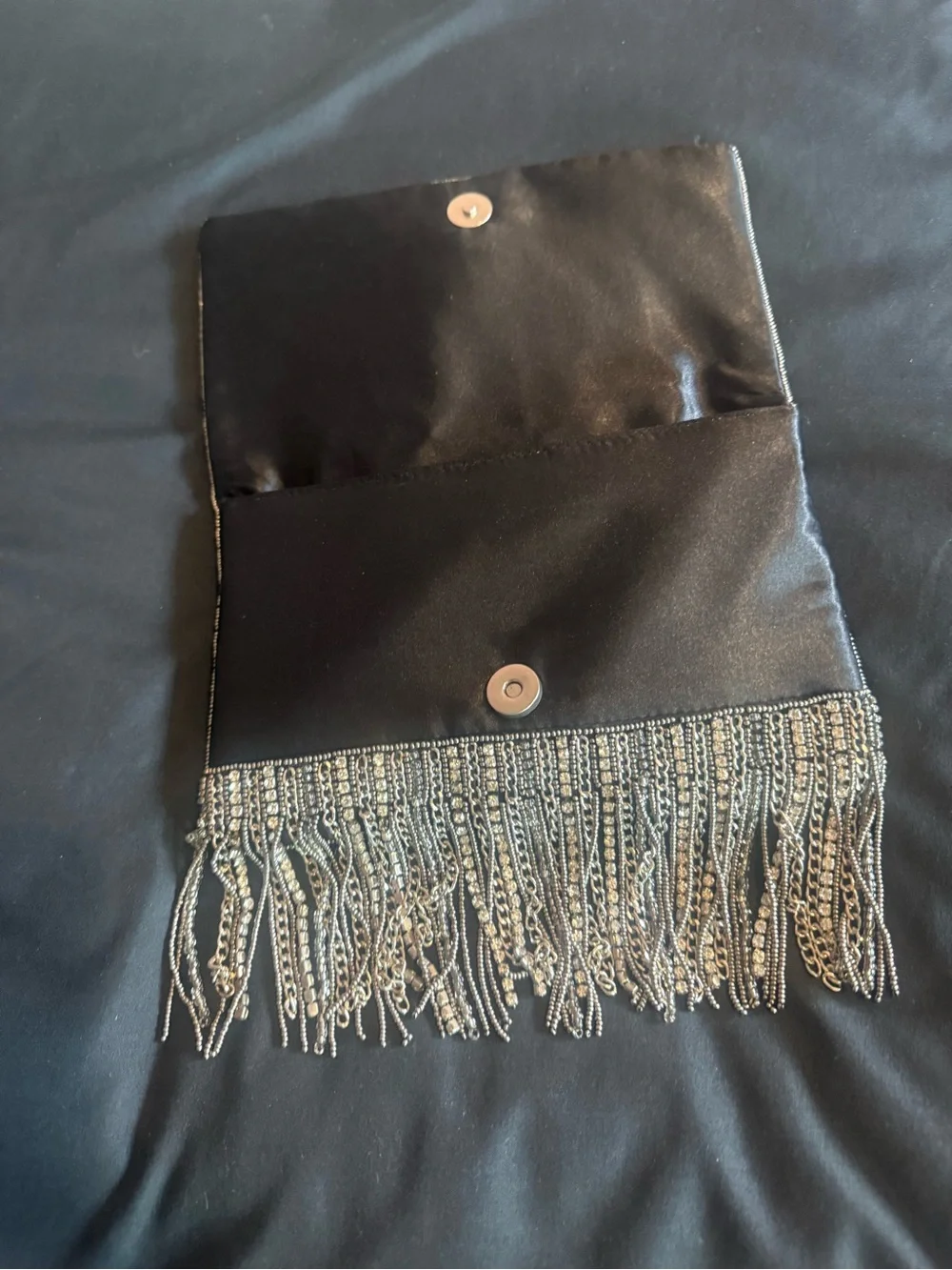 Express Silver and Black Beaded Fringe Clutch